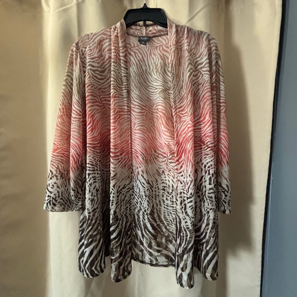 Chicos Travelers Womens sz 2 US 12 Cardigan Pink Brown Zebra Print 3/4 Sleeve